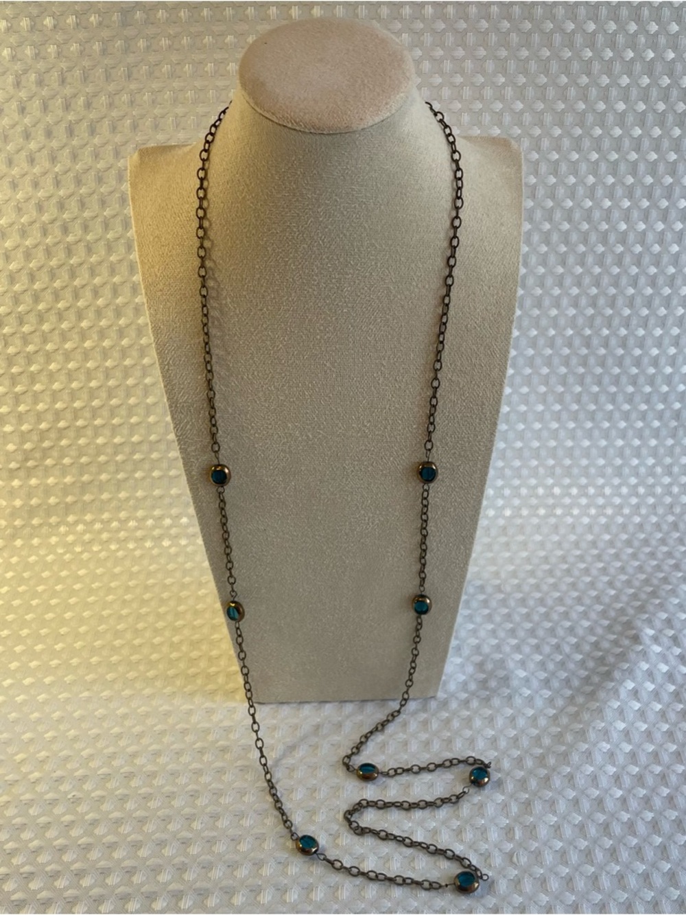 Long Antiqued Bronze Strand Station Necklace with Teal Glass Cabochons #656 - Picture 4 of 4